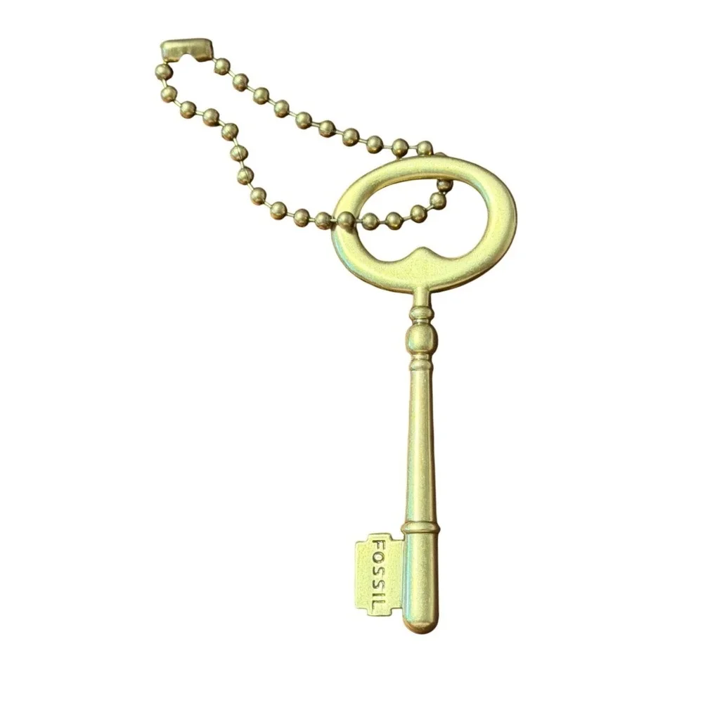 Fossil Brass Skeleton Key Bag Charm Gold Tone Metal Keychain Replacement Fob‎